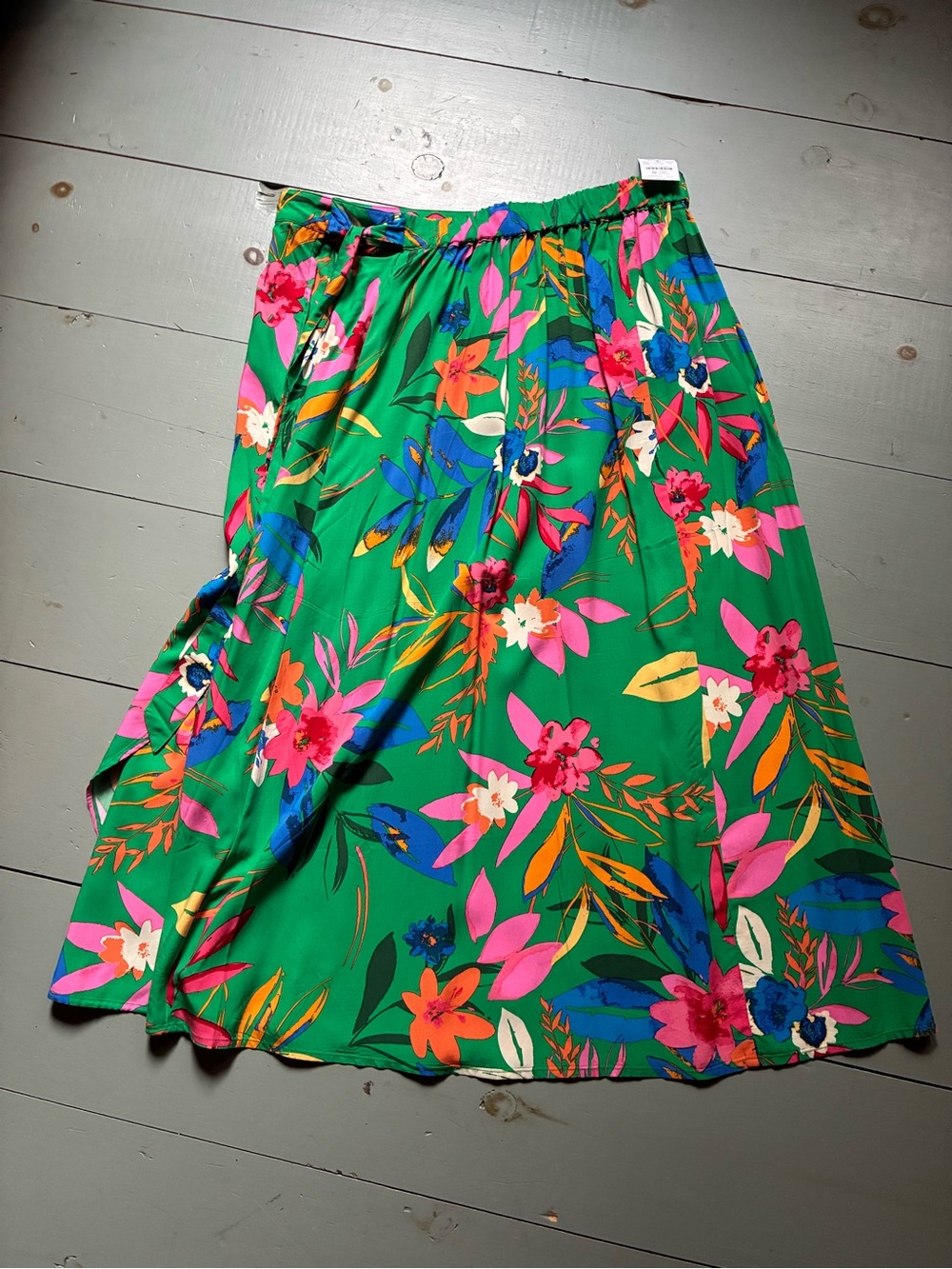 J. Crew Green Midi Skirt with Bright Floral Print Large NWT